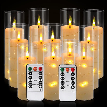 24 Pcs LED Flameless Candles with Remote, 3D Flickering Flame & LED String Lights, Acrylic Clear Cylinder, Timer Function, Romantic Ambience for Home Decor, Party, Wedding (Ivory).