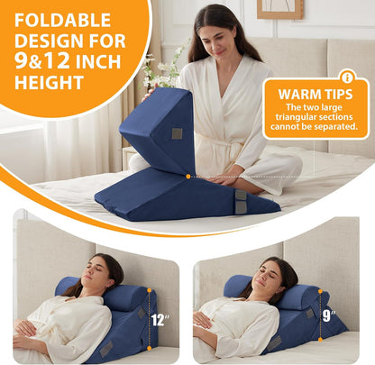 Ruqmuis Wedge Pillow Set for After Surgery, 3PCS Adjustable 9&12 Inch Bed Wedge Pillow for Sleeping, Incline Pillow Wedge for Headboard, Post Surgery, Acid Reflux, Neck&Back Support, White/Grey