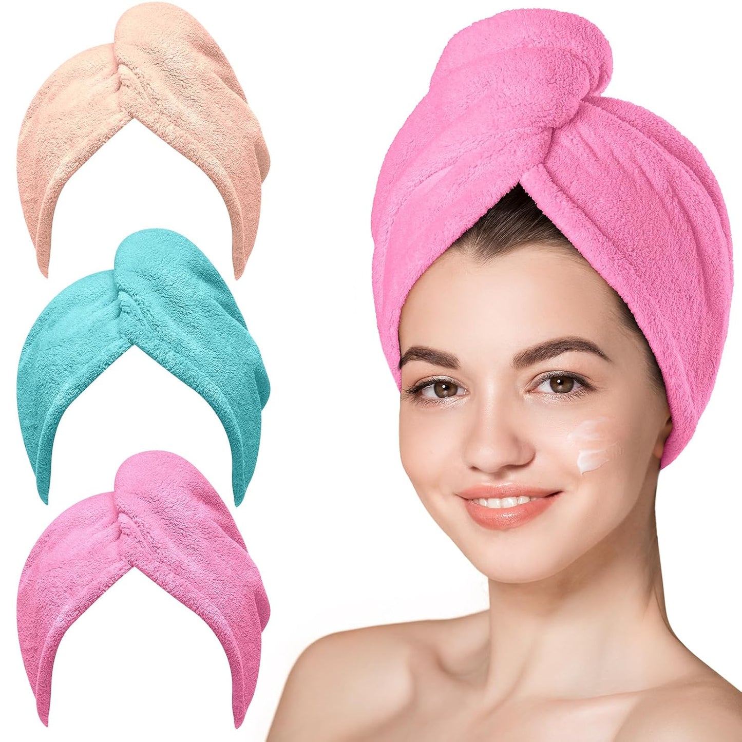 Hicober Microfiber Hair Towel Wrap, Fast Drying Hair Towels for Women, Soft Lightweight Quick Dry Turban for Curly & Long Hair–3 Pack(Blue/Grey/Pink)