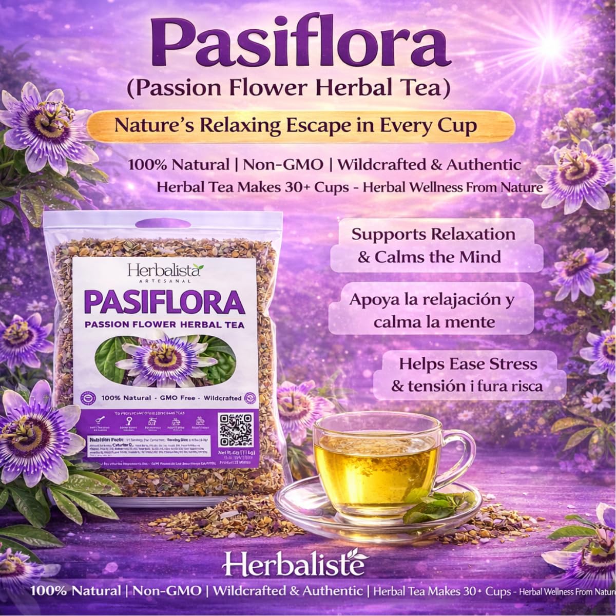 Pasiflora Herbal Tea (Passionflower) – Premium Loose Leaf Blend – 4 oz (113 g) Wildcrafted Traditional Herbal Infusion – 100% Natural, Caffeine-Free, Vegan, Non-GMO
