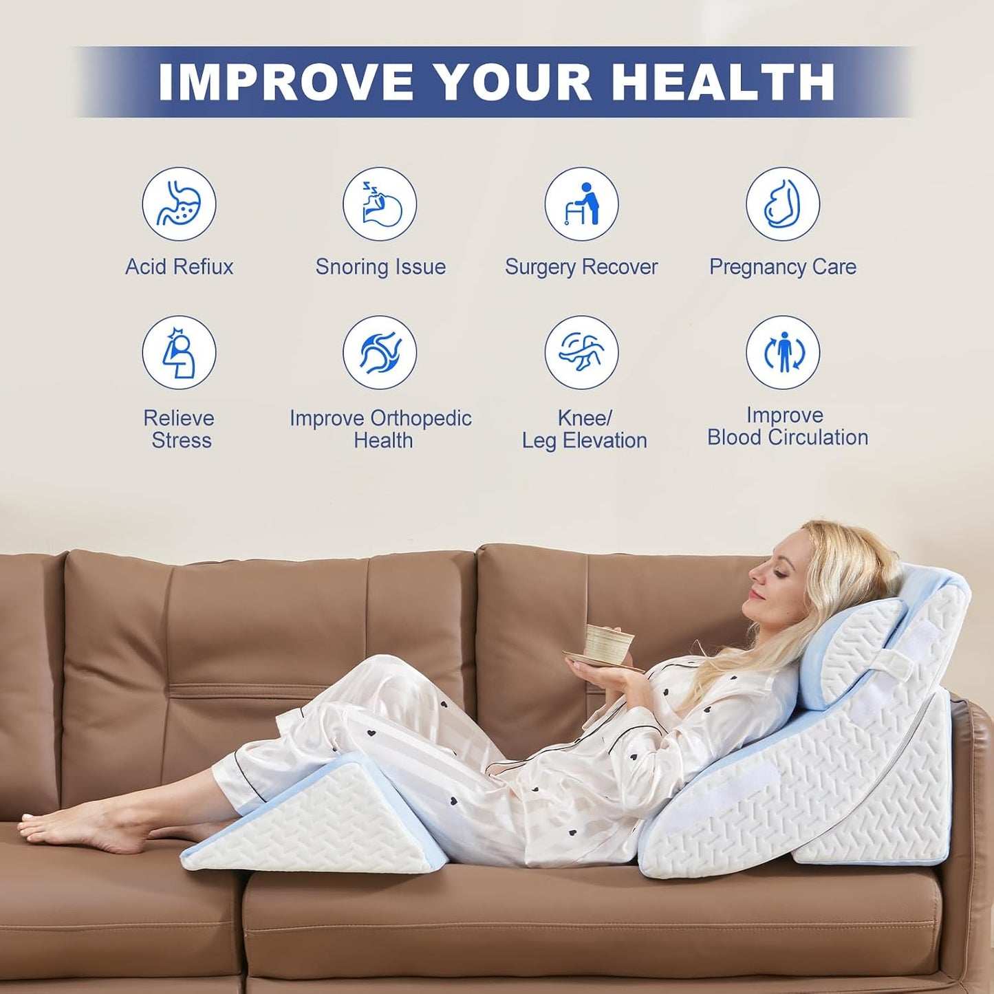 4PCS Orthopedic Bed Wedge Pillow Set for Sleeping, Post Surgery Foam Support Pillows for Back, Neck and Leg Pain Relief, Adjustable Triangle Pillow – Acid Reflux, GERD & Snoring Recovery, White Grey