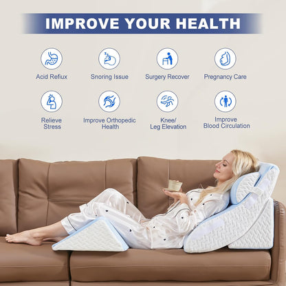 4PCS Orthopedic Bed Wedge Pillow Set for Sleeping, Post Surgery Foam Support Pillows for Back, Neck and Leg Pain Relief, Adjustable Triangle Pillow – Acid Reflux, GERD & Snoring Recovery, White Grey