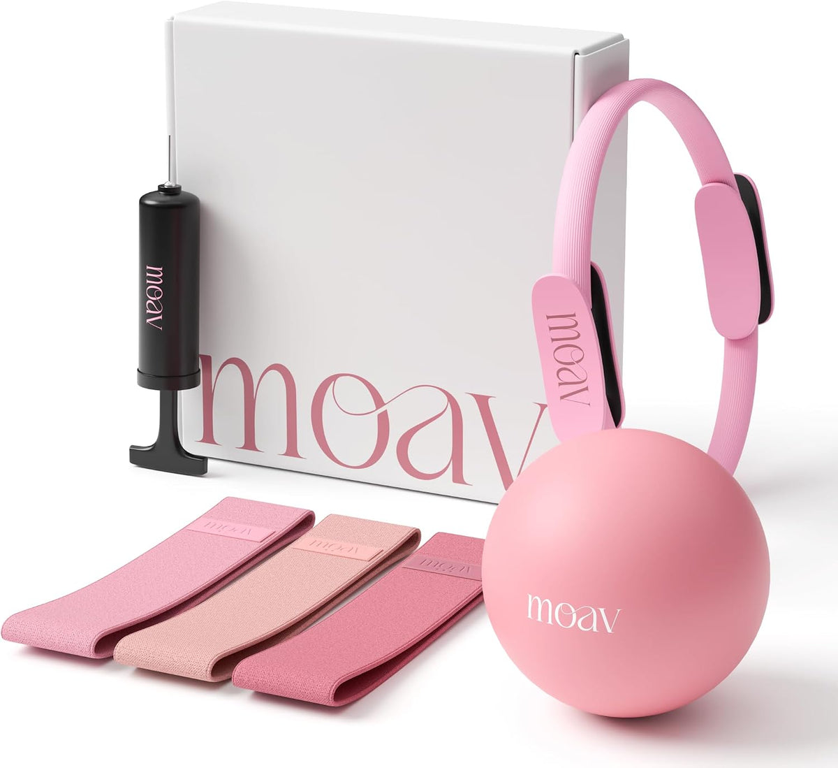 MOAV Premium Pilates Essentials Kit - 14" Ring with Cushioned Handles, Mini Ball with Pump, & 3 Durable Fabric Resistance Bands for Full Body Home Workouts