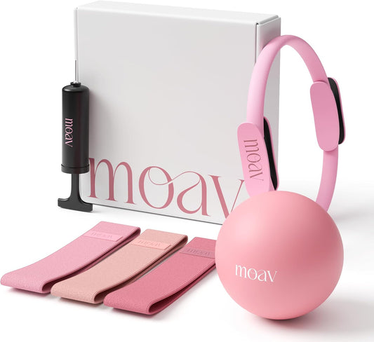 MOAV Premium Pilates Essentials Kit - 14" Ring with Cushioned Handles, Mini Ball with Pump, & 3 Durable Fabric Resistance Bands for Full Body Home Workouts