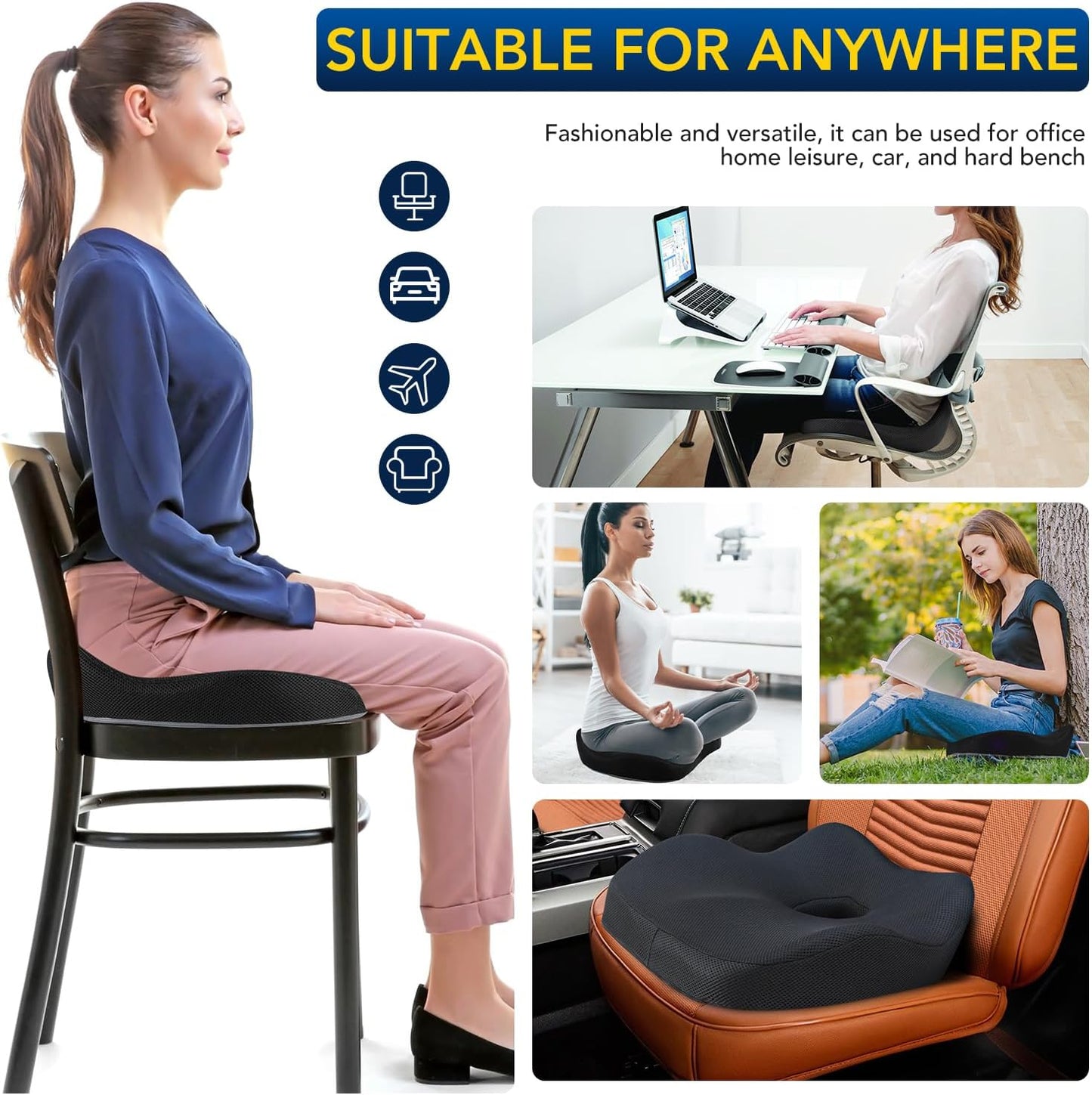 Car Seat Cushion, Ergonomic Memory Foam Car Seat Pad for Sciatica Pain Relief, Larger Driving Seat Cushion for Car Short Drivers on Long Drives - Butt Cushion for Car,Truck, Office - Black