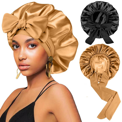 2Pcs Silk Hair Satin Bonnet for Sleeping Women,Large Satin Sleep Bonnets for Women with Elastic Tie Band Silk Hair Wrap with Ajustable Straps,Night Sleep Cap for Curly Braids,Black+Rose Gold