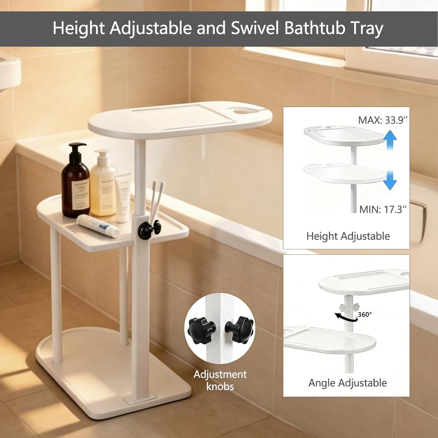 3 Layer Bathtub Tray Table,Bamboo Swivel Bathtub Side Table Height Adjustable,Freestanding Bathtub Tray for Tub Against Wall,Bathtub Accessories&Bathroom Organizer for Luxury Home Spa (Black)