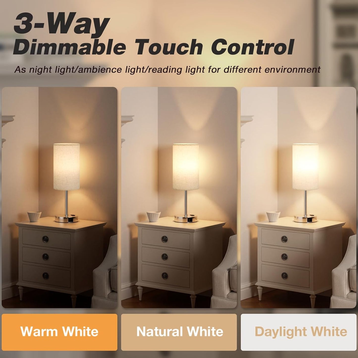 Dicoool Touch Table Lamp for Bedroom, 3 Way Dimmable Bedside Lamp with USB C & A Charging Ports - Small Desk Lamp for Dorm Room, College, Kids, Office, Living Room, White