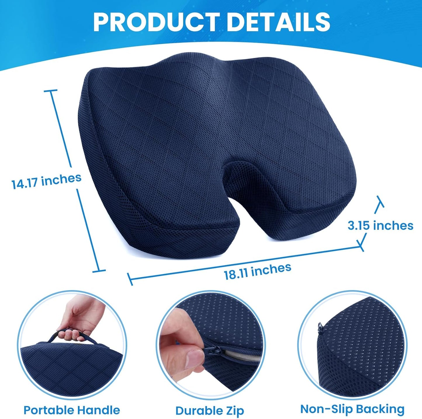 TushGuard Seat Cushion - Memory Foam Sitting Pillow for Office Chair, Car Seat, Airplane, Bleacher - Sciatica & Hip & Coccyx Pain Relief Desk Chair Cushion for Long Sitting Office Workers, Car Drivers