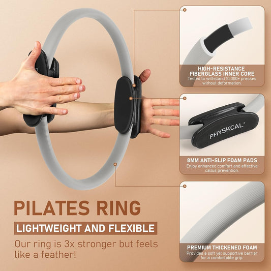 PhysKcal Pilates Kit, 15-Inch Pilates Ring with 1x Pilates Ball & 5X Bands | Aesthetic Home Pilates Equipment Set, Essential Kit for Beginners in Minimalist Style. Comes in Premium Packaging