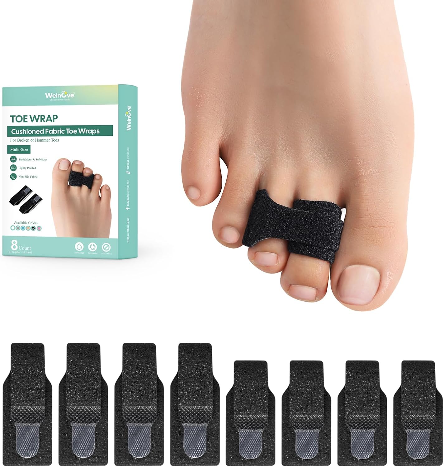 Welnove Hammer Toe Straightener - 8 Pack Broken Toe Wraps - Hammer Toe Corrector for Women - Toe Splints for Crooked Toes, Curled Toes, Bent Toes - (Large, Beige)
