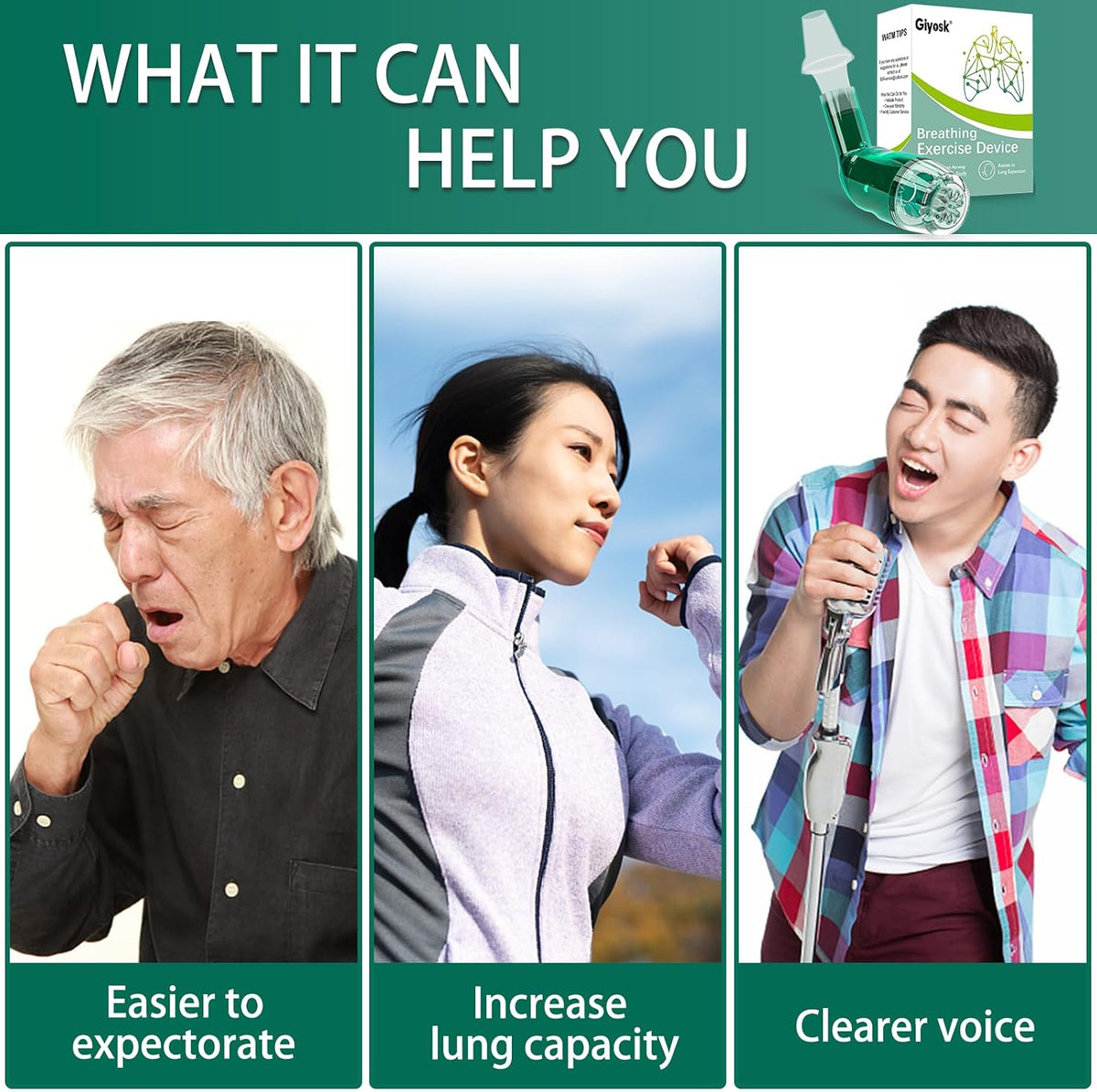 Giyosk Breathing Exercise Device for Lungs, Lung Expansion and Mucus Relief Device, Portable Expiratory Breathing Exerciser with A Set of Accessories, Breathing Trainer for Lung Cleanse(Green)