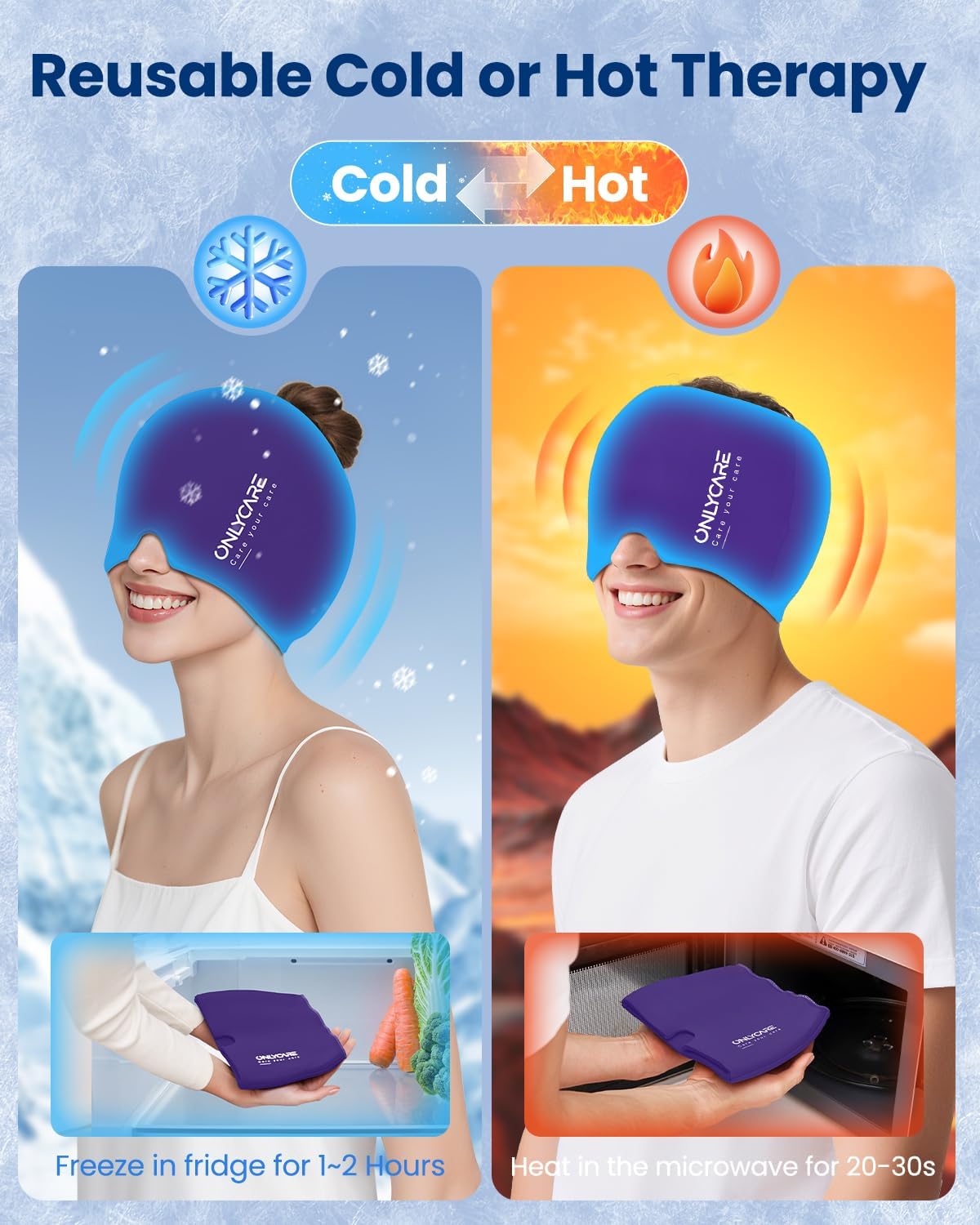 ONLYCARE Migraine Relief Cap, Upgraded Headache Relief Cap with Odorless Reusable Gel Head Wrap, Soothing Face Ice Pack Mask Products with Hot & Cold Therapy for Tension, Stress, Hangover & Puffy Eyes