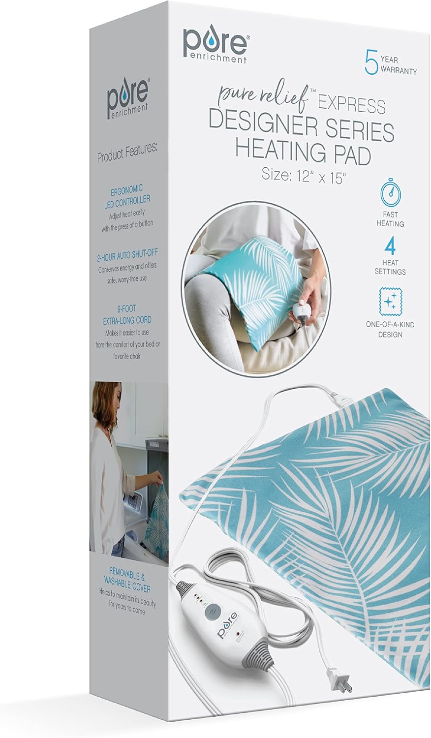 Pure Enrichment PureRelief Express Designer Series Electric Heating Pad - 12” x 15” Fast-Heating with 4 Heat Settings, Machine-Washable Fabric, & 2-Hour Auto Safety Shut-Off - Cerulean Diamond