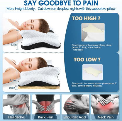 CHxxy Cervical Neck Pillow for Pain Relief Sleeping, Memory Foam Pillows, Ergonomic Side Sleeper Pillows, Cooling Orthopedic Neck Support Pillow for Back Stomach Sleepers-Queen Size Grey&Grey
