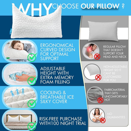 SUPA MODERN Cooling Pillow Queen Size Set of 2, CertiPUR-US Shredded Memory Foam Pillows for Sleeping, Cool Bed Pillows for Hot Sleepers, Adjustable Firm Pillow for Side,Back,Stomach Sleepers