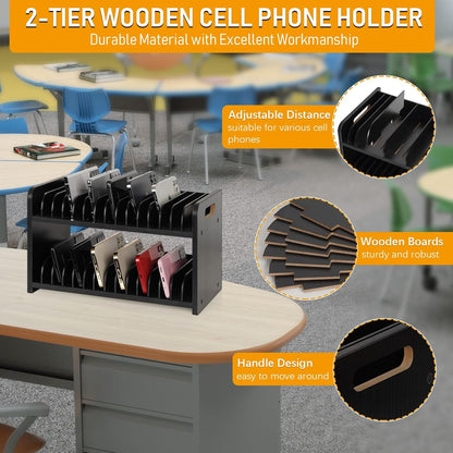 30-Grid Wooden Cell Phone Holder stand with 1-30 Number Stickers, Black
