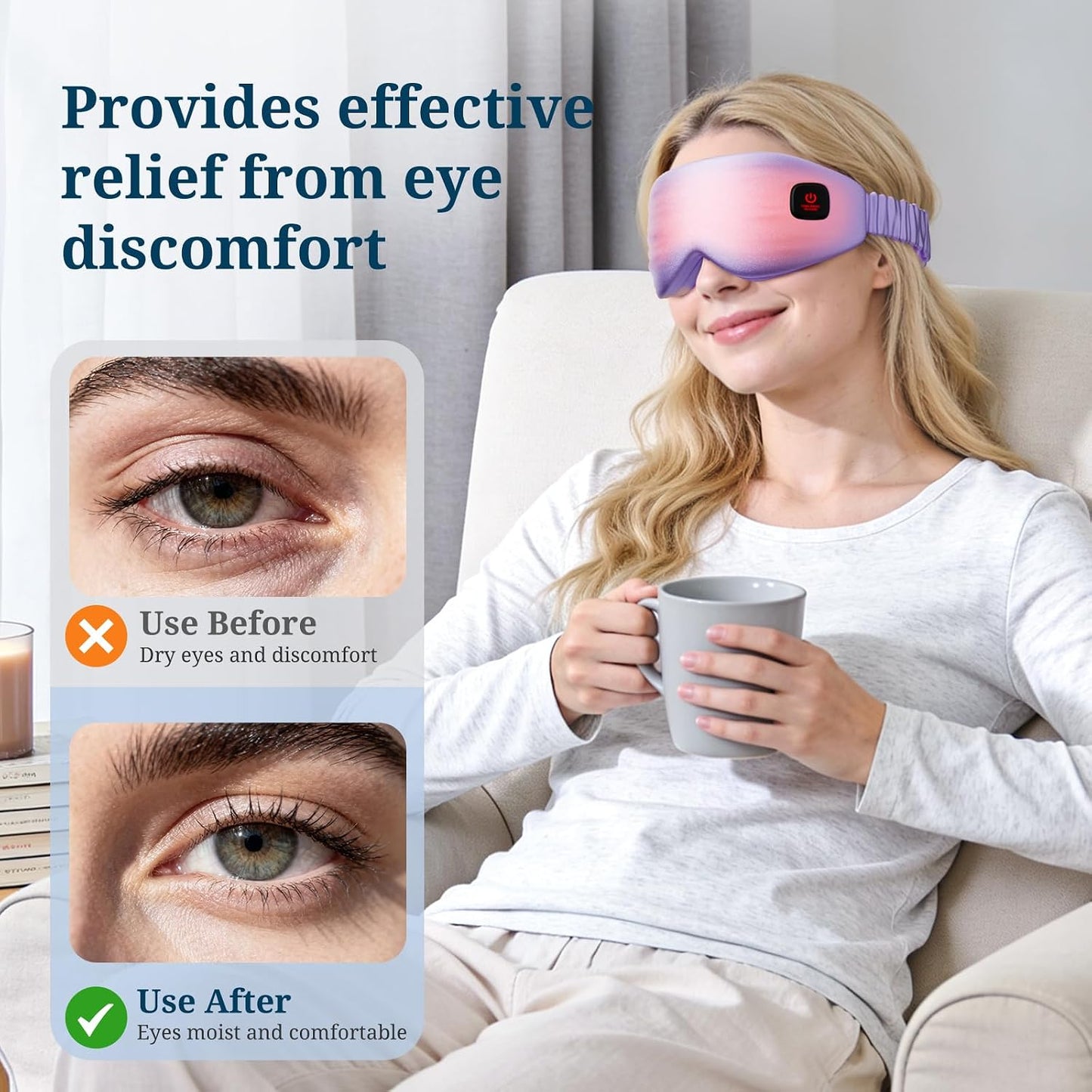 100% Silk Wireless Heated Eye Mask with Cooling, Relieves Dry Eye Syndrome and Puffy, Reduces Dark Circles, Adjustable Velcro Design and Washable Cover, Suitable for Travel & Gifts-Pink.