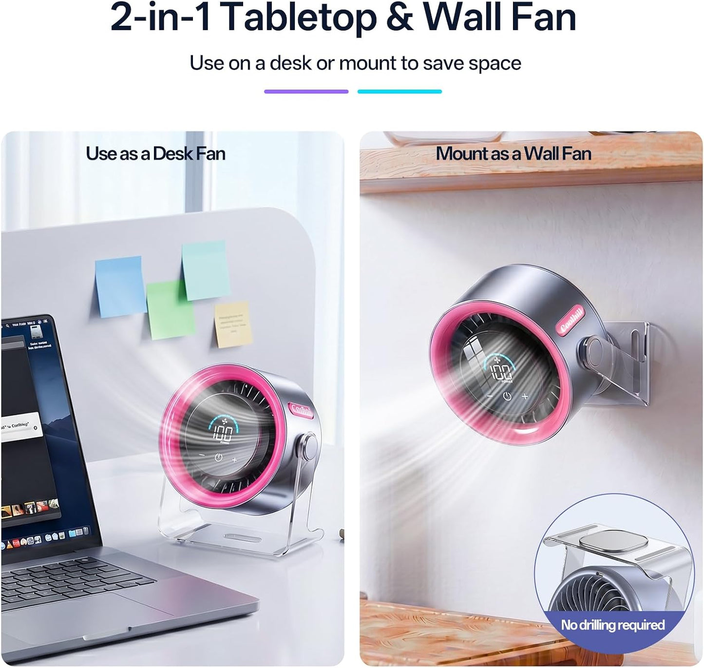 USB Desk Fan for Bedroom: 100 Speeds Digital Display Quiet Portable Fan with Turbo Airflow, 120° Rotating Small Rechargeable Battery Desktop & Wall-Mounted Fans for Bedroom Home Office