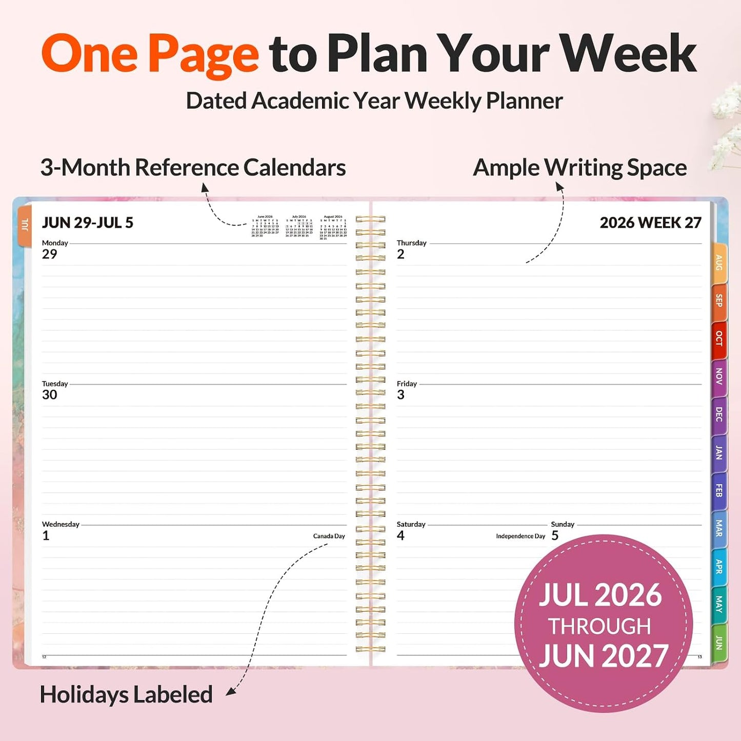 SUNEE Academic Planner 2026-2027 – Weekly & Monthly Planner, July 2026 to June 2027, 6.4"x8.3", Thick Paper, Tabs, Pockets, Bookmark, Spiral-Bound, Student Teacher Organizer, Black