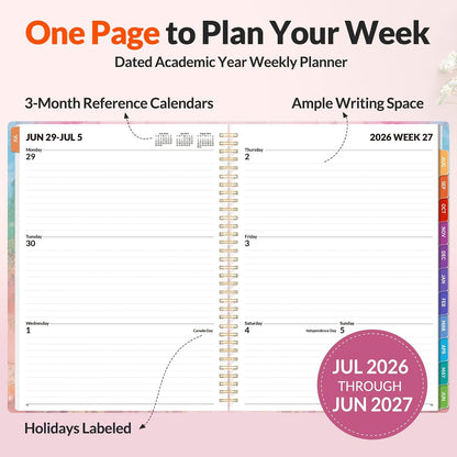 SUNEE Academic Planner 2026-2027 – Weekly & Monthly Planner, July 2026 to June 2027, 6.4"x8.3", Thick Paper, Tabs, Pockets, Bookmark, Spiral-Bound, Student Teacher Organizer, Black