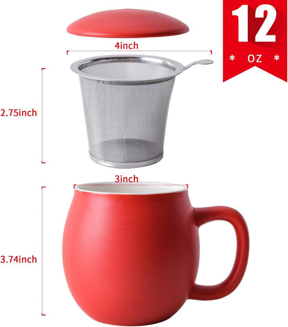 Yundu 12 OZ Matte Green Ceramics Teacup with Infuser and Lid, Mug with Lid for Steeping - Stainless Steel Infuser for Loose Leaf Tea, Home Office Gift for Tea Lovers