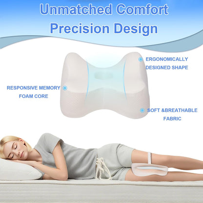 Knee Pillow for Side Sleepers Memory Foam Sciatica Pain Relief Leg Pillow, Removable Breathable Cover & Elastic Strap Grey