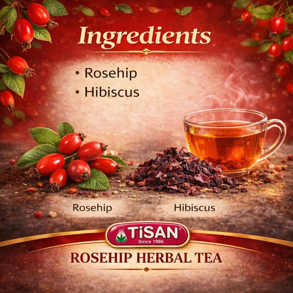 Tisan Rosehip Tea – 40 Individually Wrapped Tea Bags | Natural Sweet and Tangy Fruity Flavor | Pure Rose Hip Herbal Blend | Caffeine Free Refreshing Vitality Infusion | Vibrant Ruby Red Brew for Daily Wellness