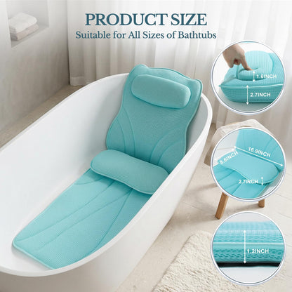 Extra Long Thick Full Body Bath Pillow for Tub with Lumbar Pillow- Luxury 4D Air Mesh Bathtub Pillow with Head, Shoulder & Back Support, Non-Slip Bath Cushion with Suction Cups (Gray)
