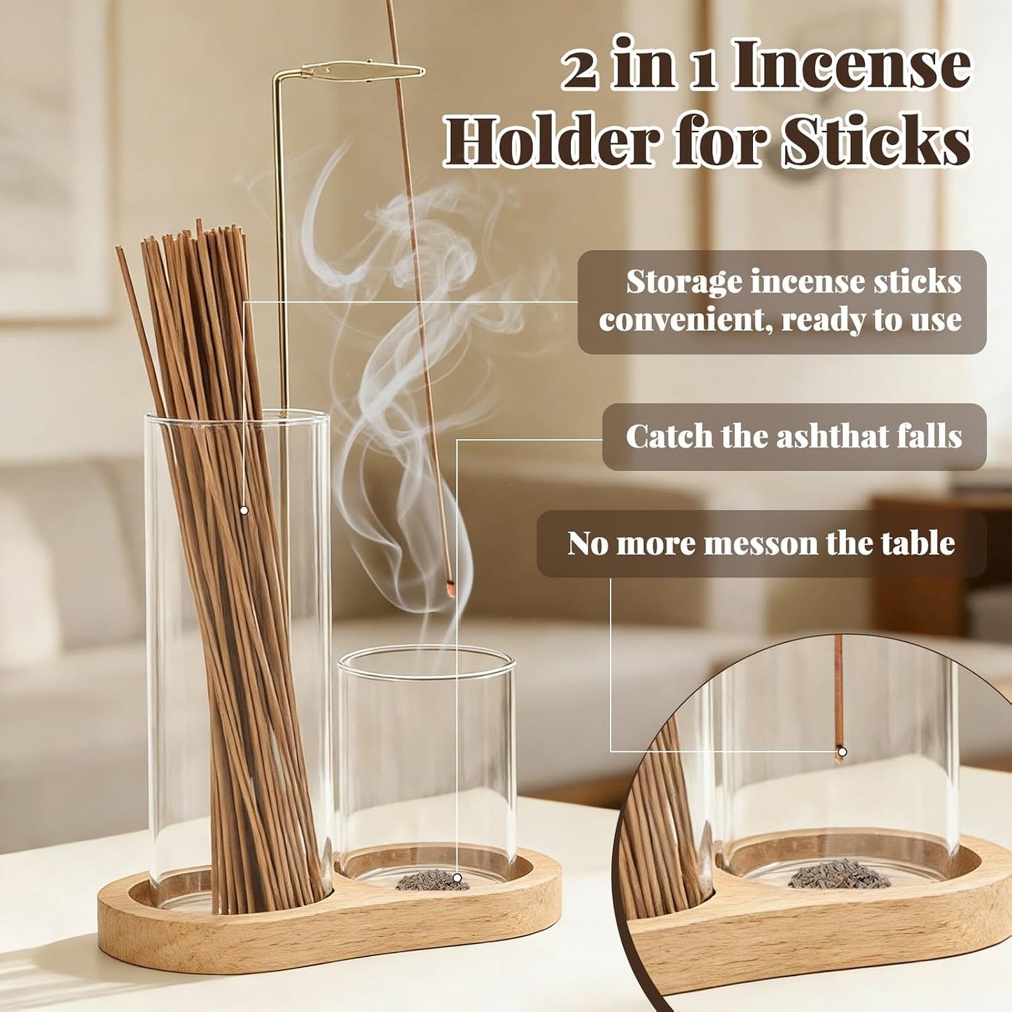 2-in-1 Glass Incense Holder with Ash Collector and Incense Stick Storage Upside Down Hanging Incense Holder, Anti-Splashing Design, Perfect for Meditation, Yoga, Spa, and Home Decoration