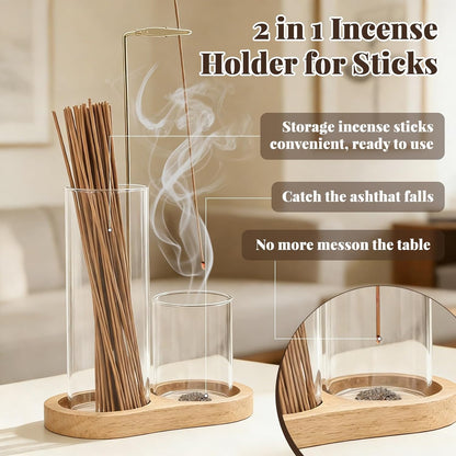 2-in-1 Glass Incense Holder with Ash Collector and Incense Stick Storage Upside Down Hanging Incense Holder, Anti-Splashing Design, Perfect for Meditation, Yoga, Spa, and Home Decoration