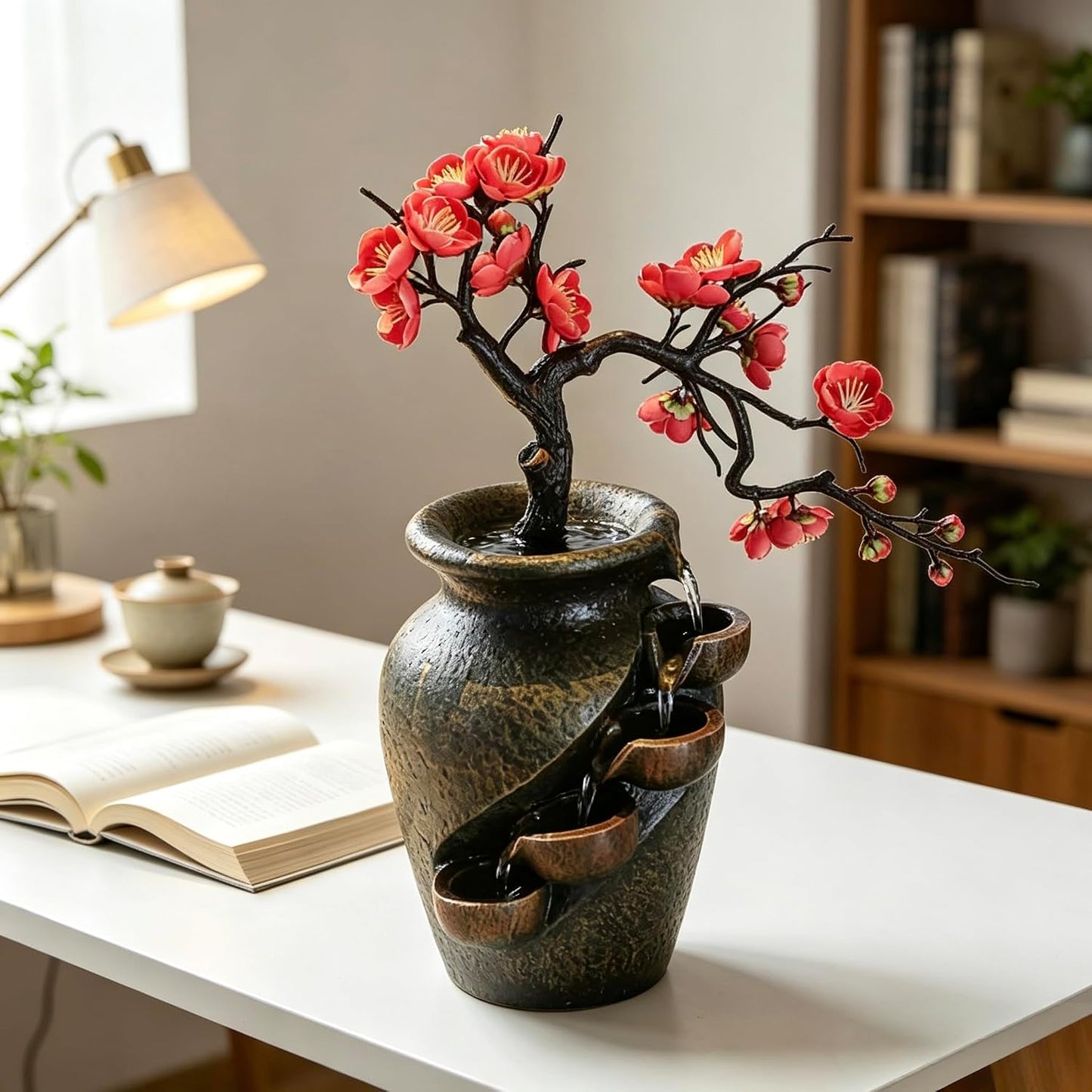 Mini Artificial Bonsai Tree Waterfall Fog Feature Rock Tabletop Fountain | 11in Desktop Decor Waterfall Fountain W/ Water Pump& Atomizer&LED Lights &Fake Tree Office Bedroom Relax