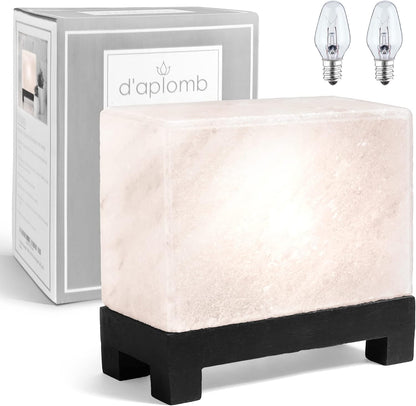 d'aplomb 100% Authentic Natural Himalayan Salt Lamp;Hand-Carved Modern Rectangle Rare White Crystal Rock Salt from The Himalayan Mountain; Footed Wood Base, Dimmer Cord; 11.5 lbs