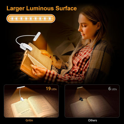 Gritin Rechargeable Book Light for Reading in Bed with 19 LED | Eye Caring 3 Color Temps,5 Brightness Levels,Memory Function,90 Hrs Runtime Flexible Goose Neck Clip on Light for Book Lovers