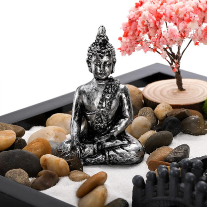 Hiceeden Zen Garden Kit for Desk, 8.5×7 Inches Japanese Mini Zen Garden Accessories, Sand Tray Therapy Kit Meditation Gift for Home Office Desk Decor