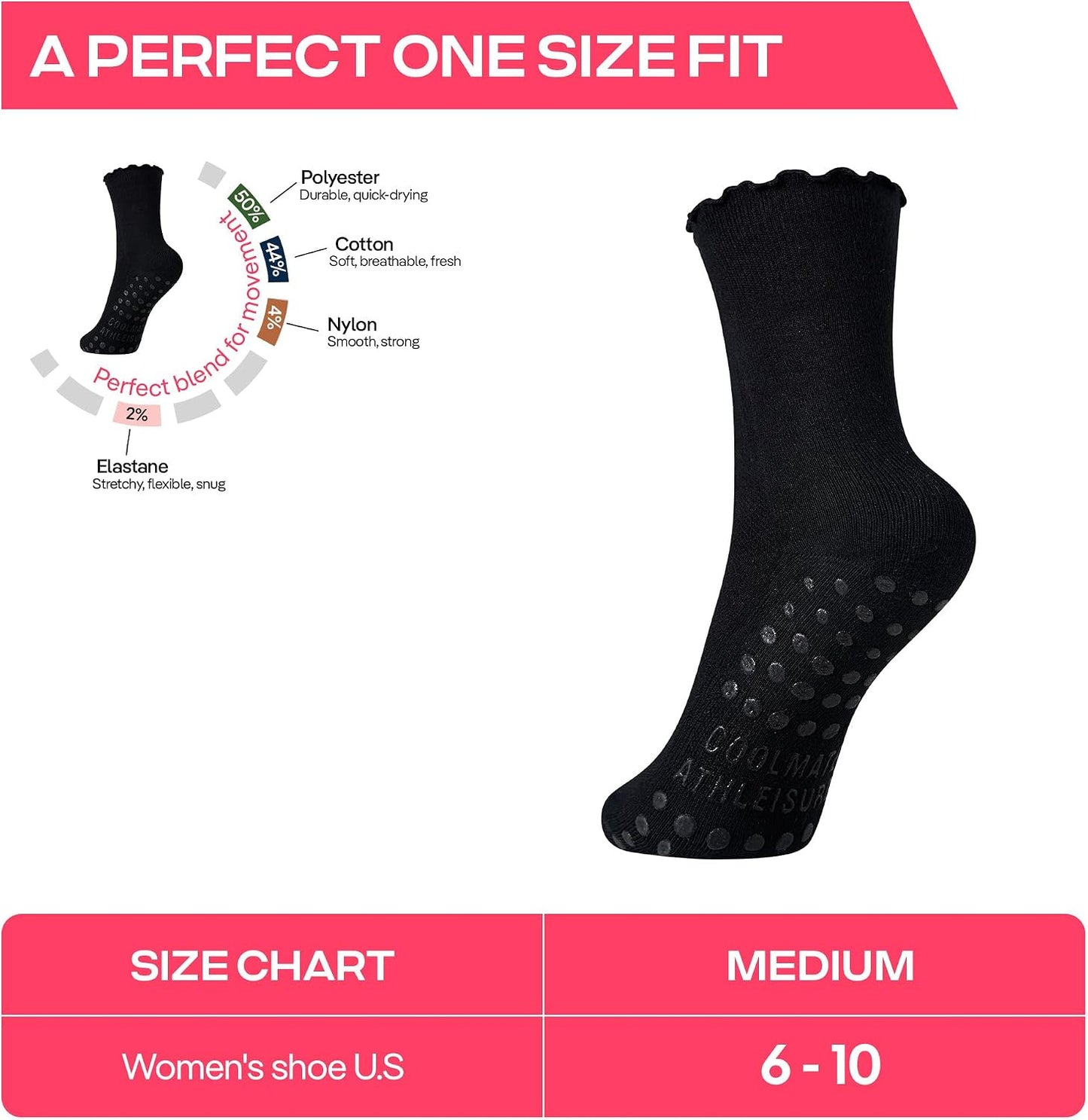 COOLMATE Pilates Socks with Grips for Women, Yoga Socks, Crew Non Slip Women for Barre, Pilates Gifts for Women - Colors A