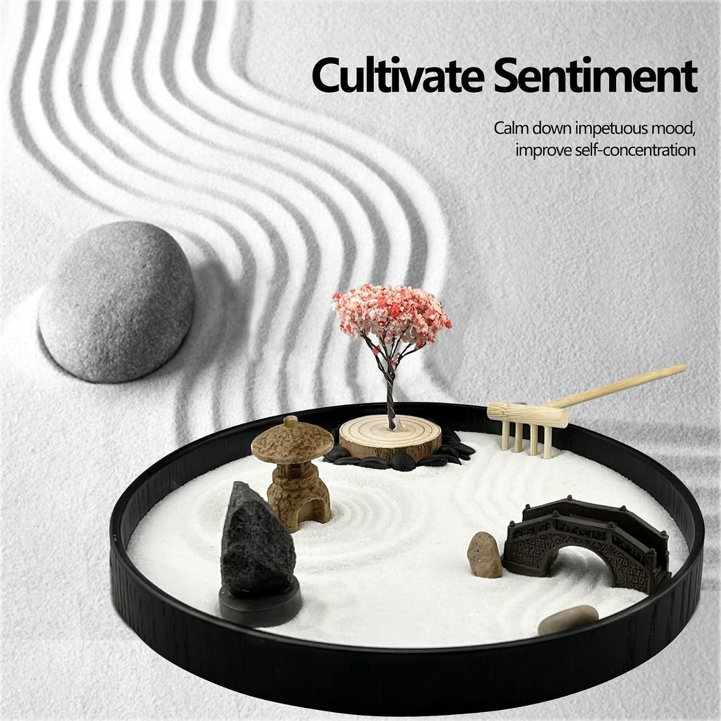 Zen Garden for Desk Japanese Zen Garden Kit 8 Inch Large Round with 6 Sand Rake and Accessories Tray Mini Desktop Zen Decor for Home Office Gift Therapy Relaxation Meditation