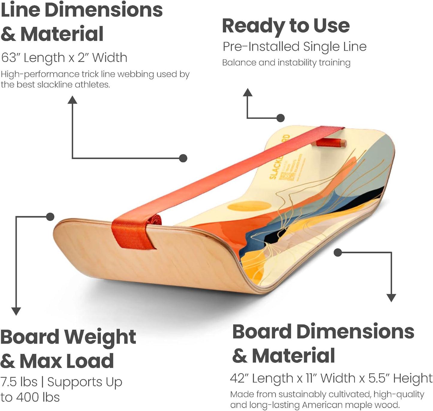 GIBBON SlackBoard - GiBoard Balance Board - Gift for Kids & Adults - 1 & 2 Line Options - Slackline Balance Trainer for Core Workouts, Standing Desk Exercise, Home Gym, Yoga & More