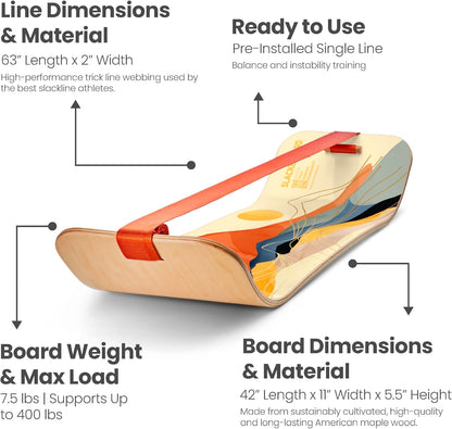 GIBBON SlackBoard - GiBoard Balance Board - Gift for Kids & Adults - 1 & 2 Line Options - Slackline Balance Trainer for Core Workouts, Standing Desk Exercise, Home Gym, Yoga & More