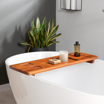 Teak Bathtub Tray for Freestanding Tubs - 35" Heavy-Duty Luxury Bath Caddy, Non-Slip Zero-Wobble Design, Water-Resistant Spa Organizer with Wine Glass & Phone Holder