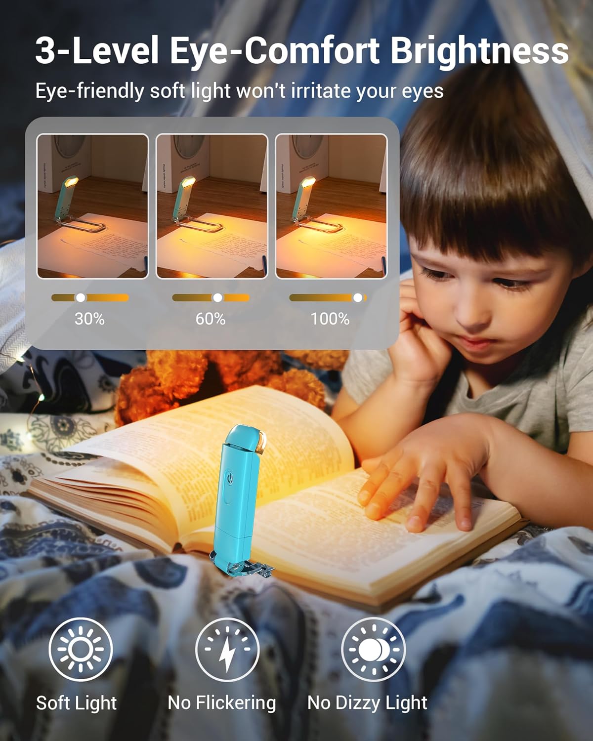 DEWENWILS Book Reading Light, Amber Warm Clip On LED with 3 Adjustable Brightness for Eye Protection, Rechargeable USB, Perfect for Bookworms, Kids (White)