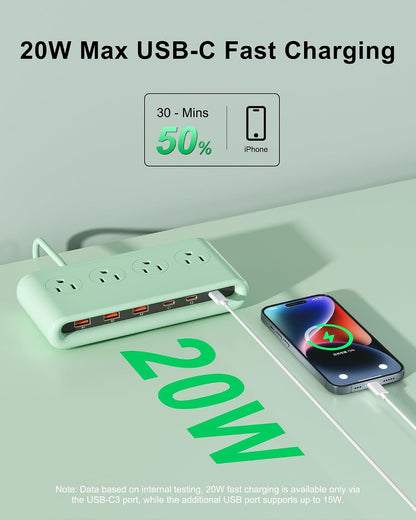 Power Strip with USB Port - 4AC & 6 USB(3USB C), Outlet Extender 5FT