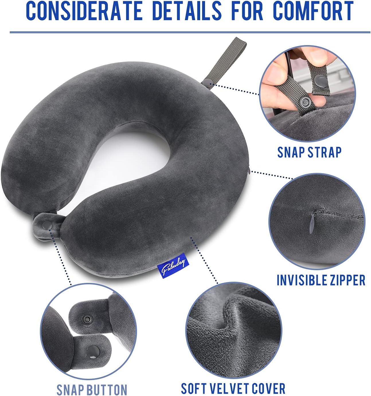 Travel Pillow Memory Foam for Airplanes - Neck Pillow for Traveling, Car, Home, Flight Pillow for Sleeping with Attachable Snap Strap Soft Washable Cover, Provide Head Neck Support Rest, Dark Gray