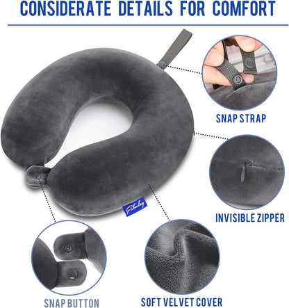 Travel Pillow Memory Foam for Airplanes - Neck Pillow for Traveling, Car, Home, Flight Pillow for Sleeping with Attachable Snap Strap Soft Washable Cover, Provide Head Neck Support Rest, Dark Gray