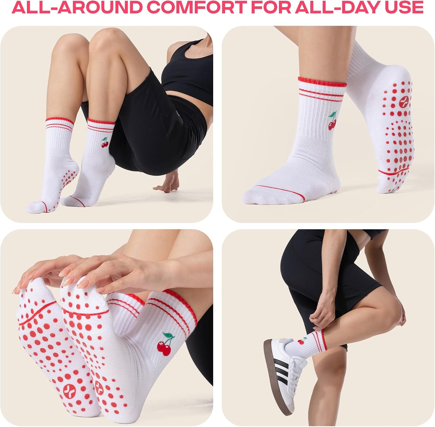 COOLMATE Pilates Socks with Grips for Women, Yoga Socks, Crew Non Slip Women for Barre, Pilates Gifts for Women - Colors B