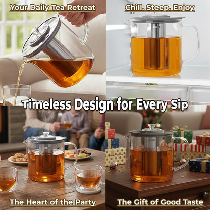 Aquach 68oz Glass Tea Pot with Infuser, Stovetop Safe Borosilicate Teapot | Dishwasher Safe, Plastic-free, Large Family Capacity, Easy-clean Opening, Loose Leaf Filter