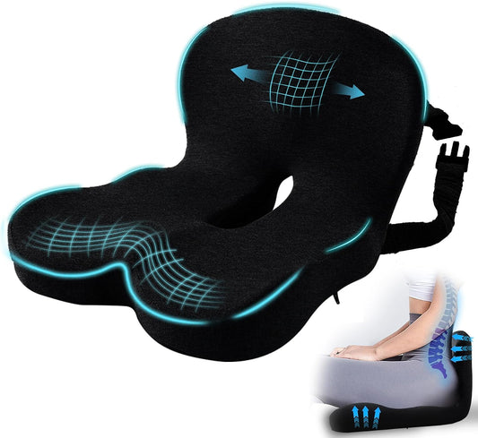 Car Seat Cushion, Memory Foam Driving Cushion with Adjustable Strap, Ergonomic Pad for Car & Semi Truck, Office Chair Cushion for Sciatica & Lower Back Pain Relief, Dark Gray