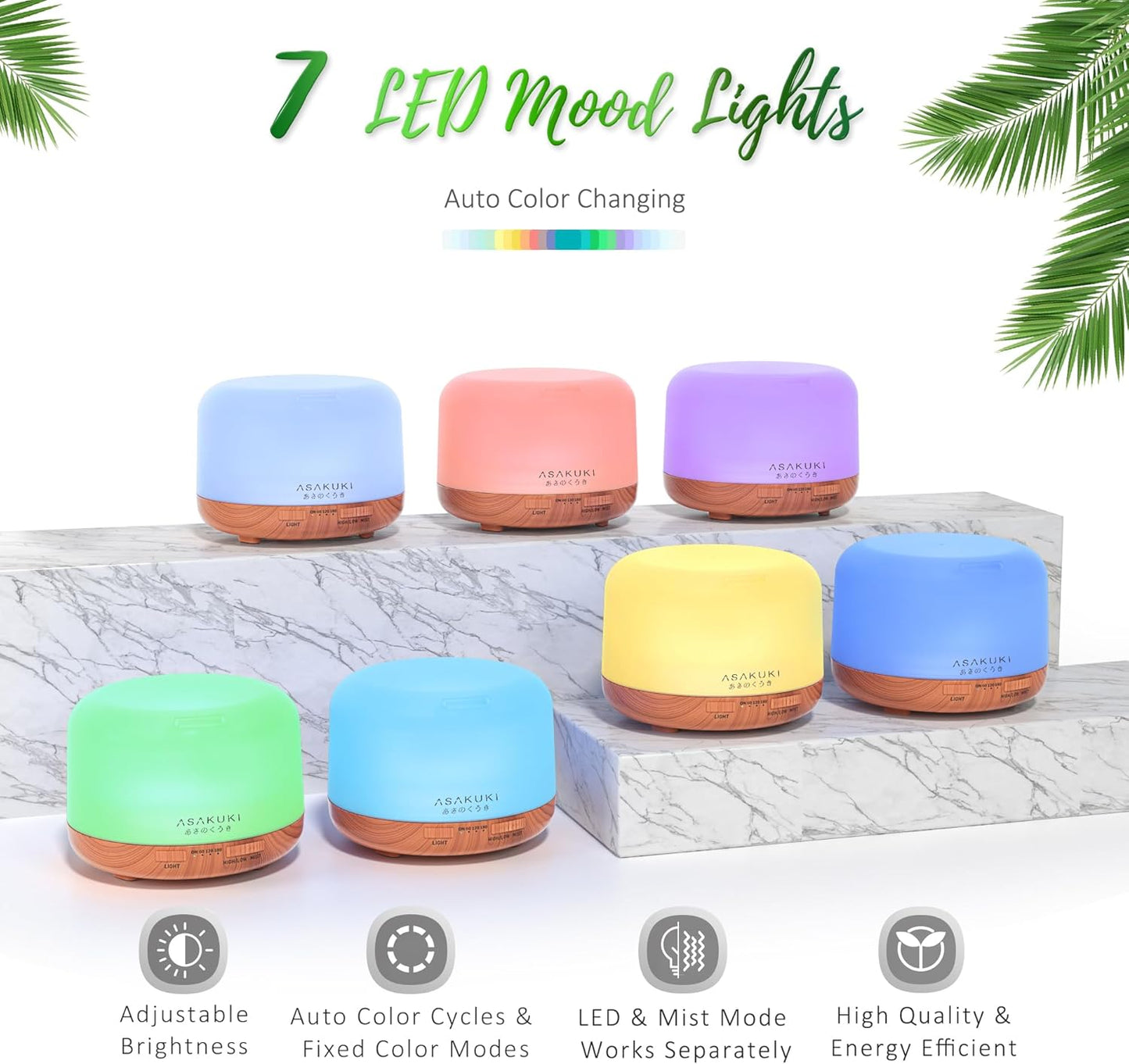 ASAKUKI Essential Oil Diffuser for Home, 500ML Aromatherapy Diffuser Humidifier with Remote Control, 7 Color LED Lights, Quiet Cool Mist Diffuser for Bedroom, Living Room, Office (White)