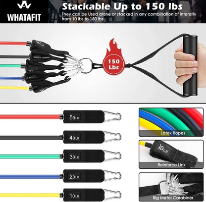 WHATAFIT Resistance Bands, Exercise Bands, Workout Bands with Handles, Door Anchor and Ankle Straps, 5 Resistance Levels Fitness Bands for Strength Training, Physical Therapy, and Home Gym Equipment
