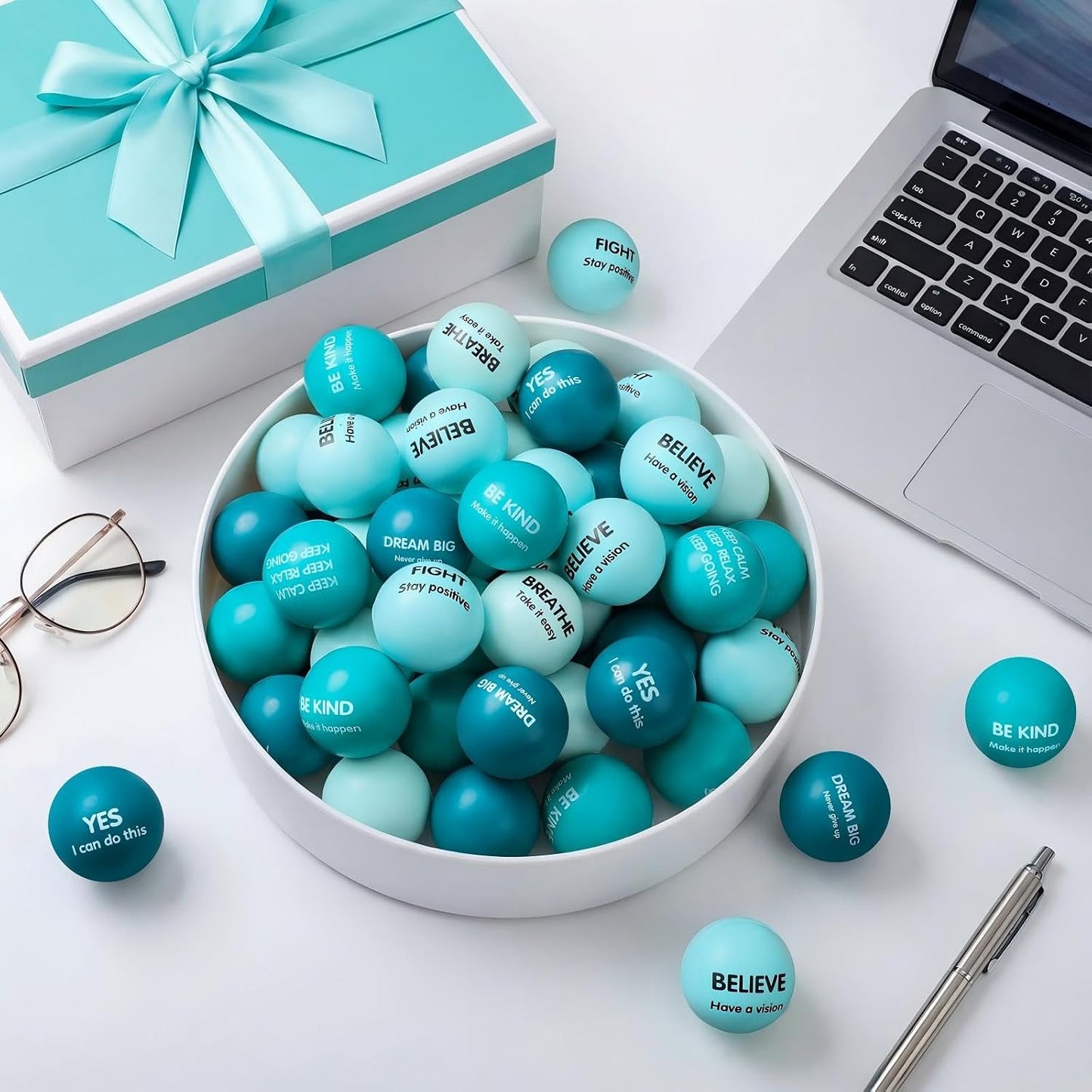 Liliful 100 Pcs Motivational Stress Balls Bulk Inspirational Squeeze Balls for Adults Anxiety Relief Fidget Toys Office Employee Gifts Classroom Rewards 2.2 Inch (Bright Colors)